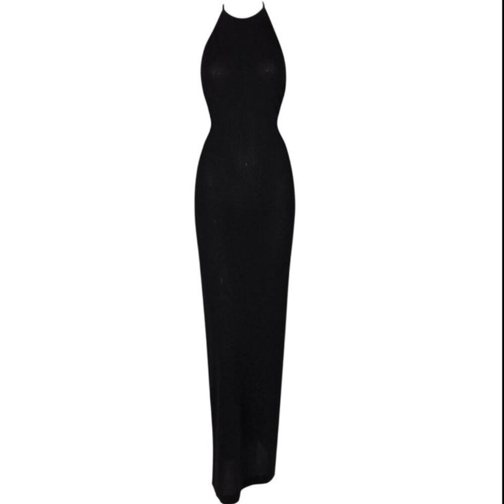 Vintage S/S 1998 Gucci Tom Ford Crystal G Black Stretch Halter Maxi Dress Gown
